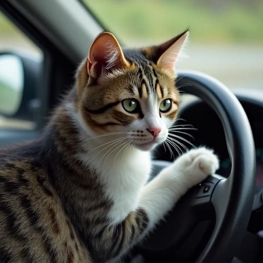 A cat drives a car with one paw on the steering wheel. The scene shows the cat focused while looking out of the windshield. The car interior is visible in the image.