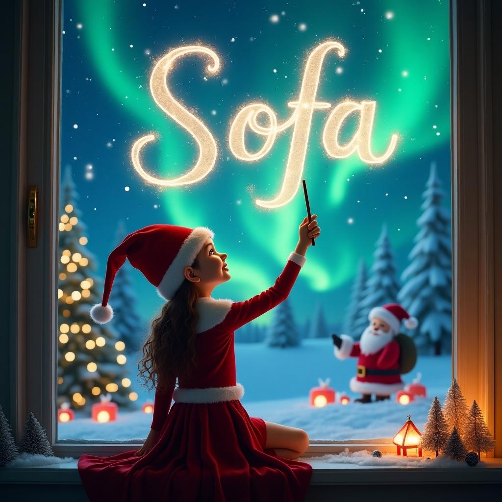 A young girl dressed as an elf sits with her back to the viewer, facing a window. She is using a magic wand to write the name 'Sofía' in the sky. Outside, a magical Christmas landscape unfolds, featuring vibrant northern lights. A jolly Santa is seen in the background, creating a cheerful atmosphere. The scene is warmly lit, capturing the essence of holiday magic and wonder, with decorations and a Christmas tree visible through the window.