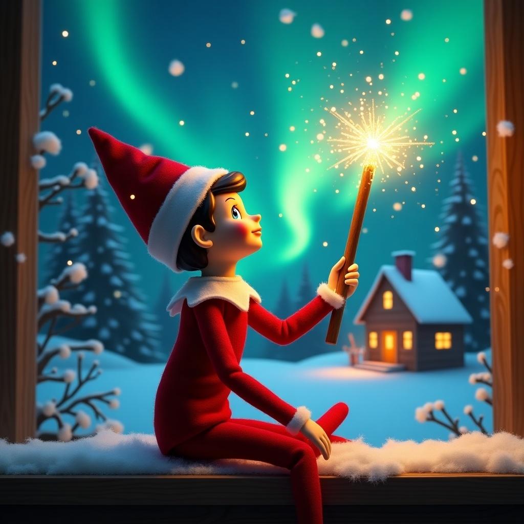 Elf sits on a windowsill gazing skyward. The elf holds a glowing wand. Colorful northern lights fill the sky above. Cozy house in the distance, snow on the ground. The scene embodies magic of Christmas. The name 'Rylee, Mayzie' appears from the wand.