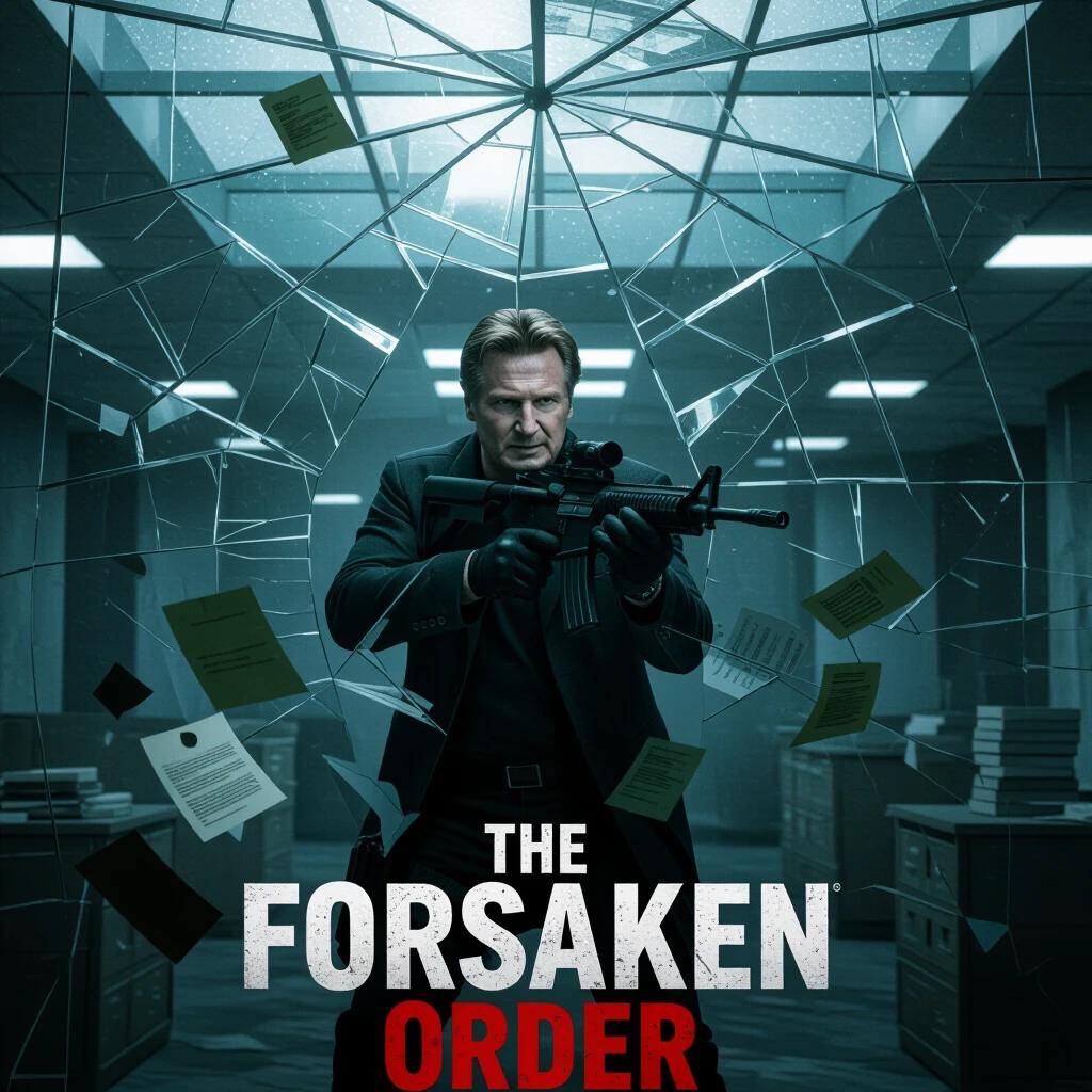 A seasoned agent uncovers a rogue intelligence faction targeting their own operatives. The agent stands beneath a fractured glass ceiling. Weapon is drawn. Scattered confidential files are around the agent. The setting is an abandoned intelligence headquarters.