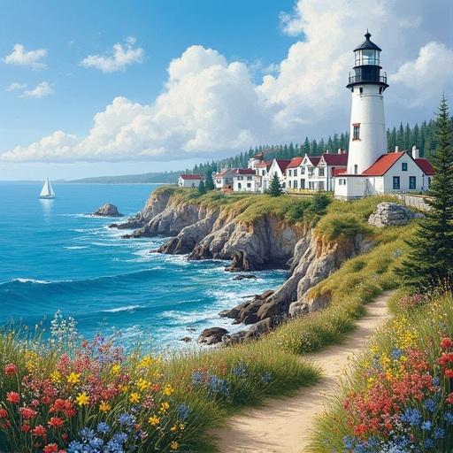 Painting features a coastal city with a lighthouse. Wildflowers decorate the foreground. Rocky shore path leads to white buildings on a cliff. Sailboat appears in the distance. Blue sky filled with clouds.