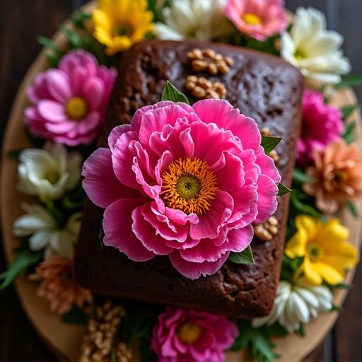 Top view photo of a chocolate loaf cake decorated with a pink peony flower and walnuts. Surrounding flowers in bright pink, yellow, and white hues include lilies and freesias. Scene has a warm and cozy atmosphere.