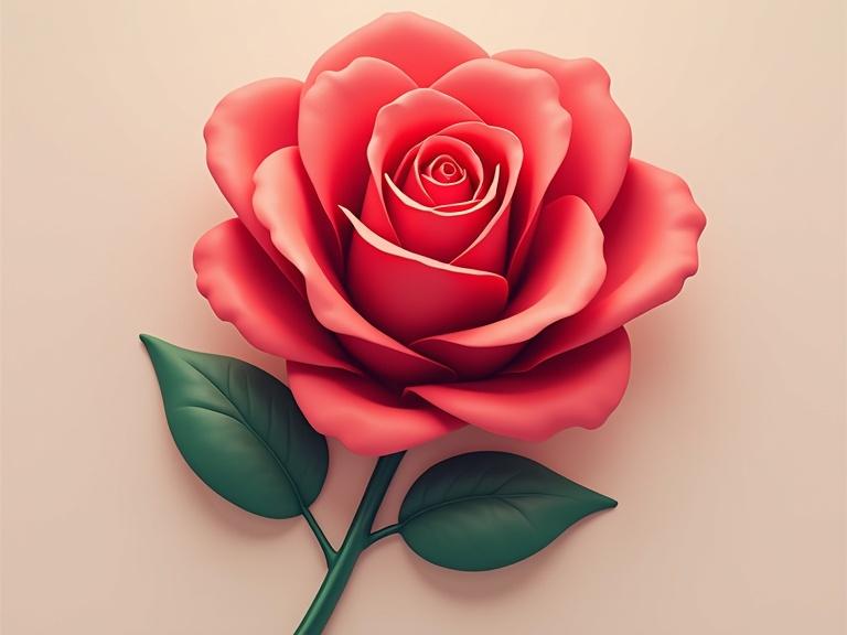 A detailed illustration of a rose emoji. The rose is vibrant red with lush green leaves. The background is soft beige, enhancing the beauty of the rose. The rose is illustrated in a realistic style, showcasing its petals and curves.