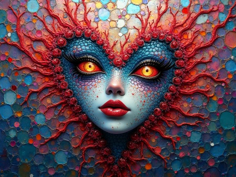 A mesmerizing face emerges from a mosaic of iridescent ceramic tiles and glass, featuring a surreal blend of striking features, vibrant colors, and ethereal qualities, created using encaustic mixed media.