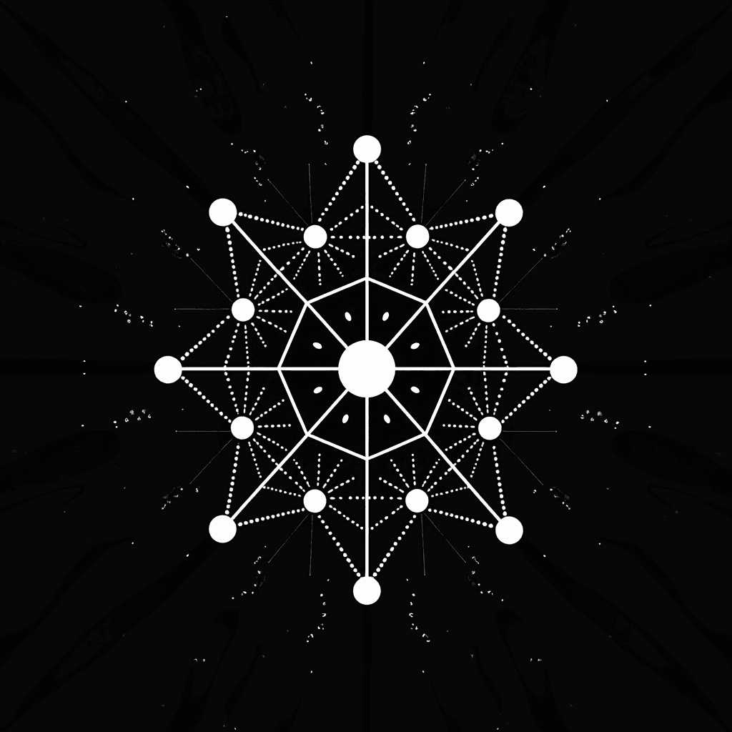 A complex geometric pattern of interconnected white dots on a black background, resembling a cosmic mandala.