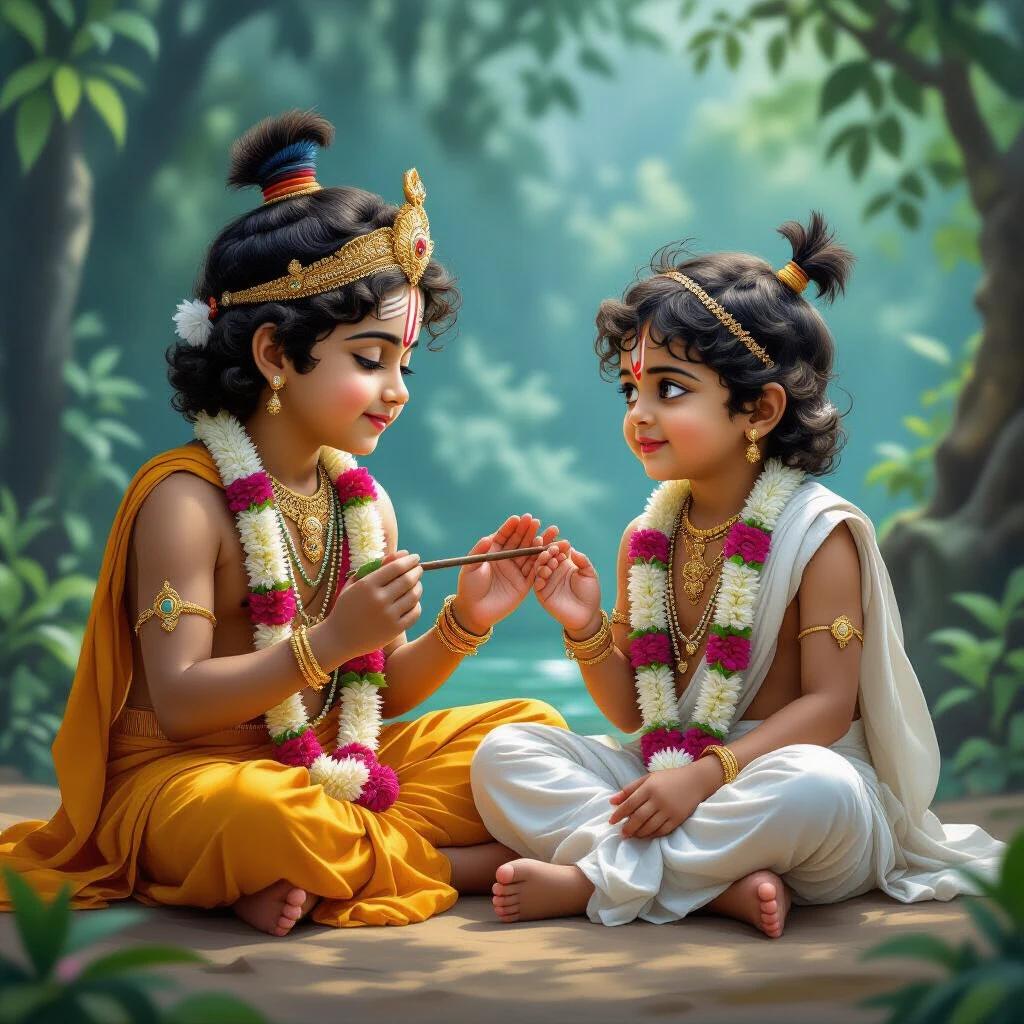 Generate a realistic image where the background is mythological the young balkrishna is playing the young friend brahmin and simple sudhama.