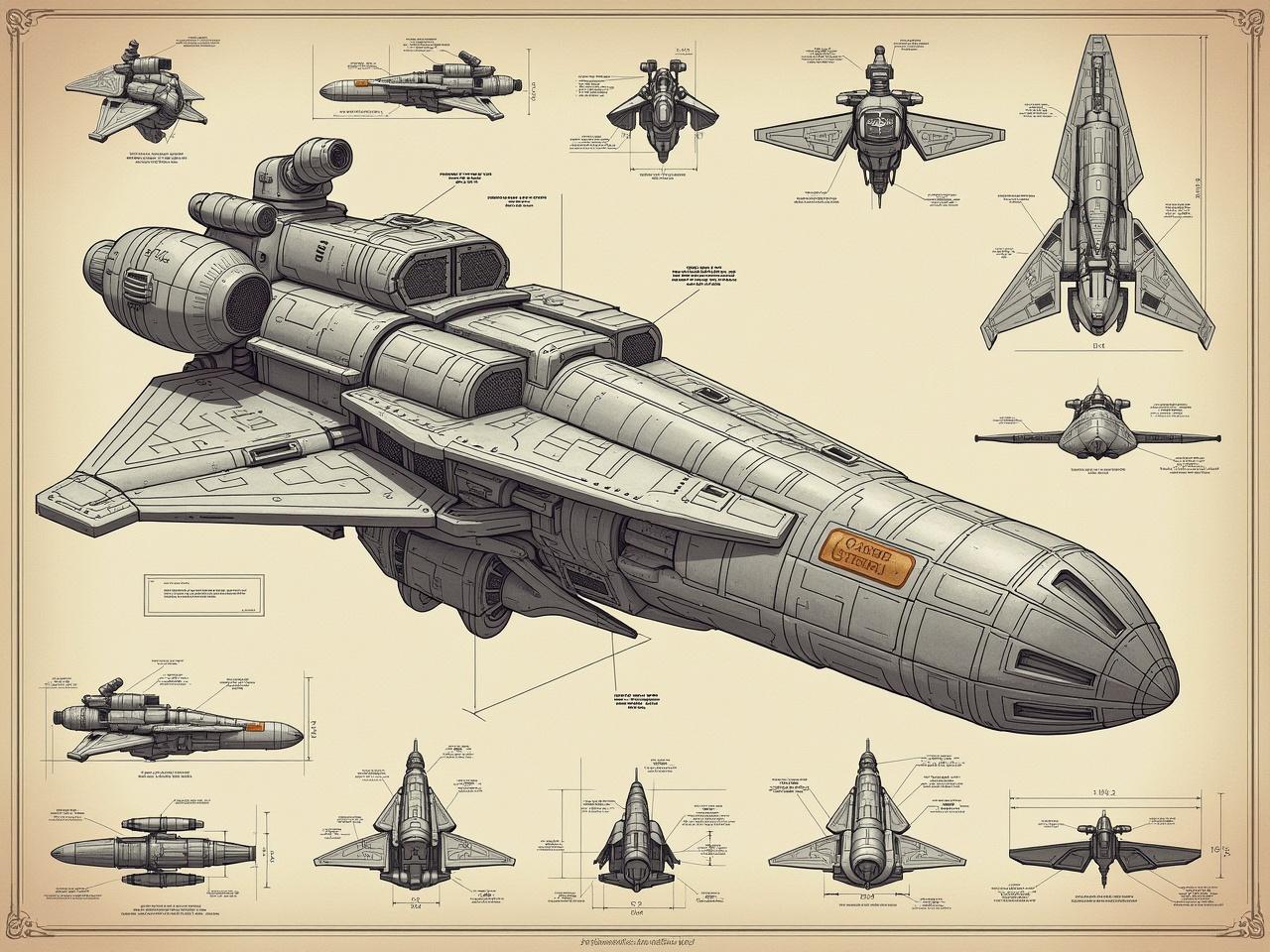 This image showcases an intricately detailed blueprint of a futuristic spacecraft. The design features bold black linework that highlights the ship's structure and components. Surrounding the main spacecraft are smaller diagrams that illustrate additional mechanical details. The blueprint aesthetic is achieved with a pale background, enhancing readability and focusing on the technical aspects. This comprehensive design suggests a sophisticated plan for an advanced space vessel.