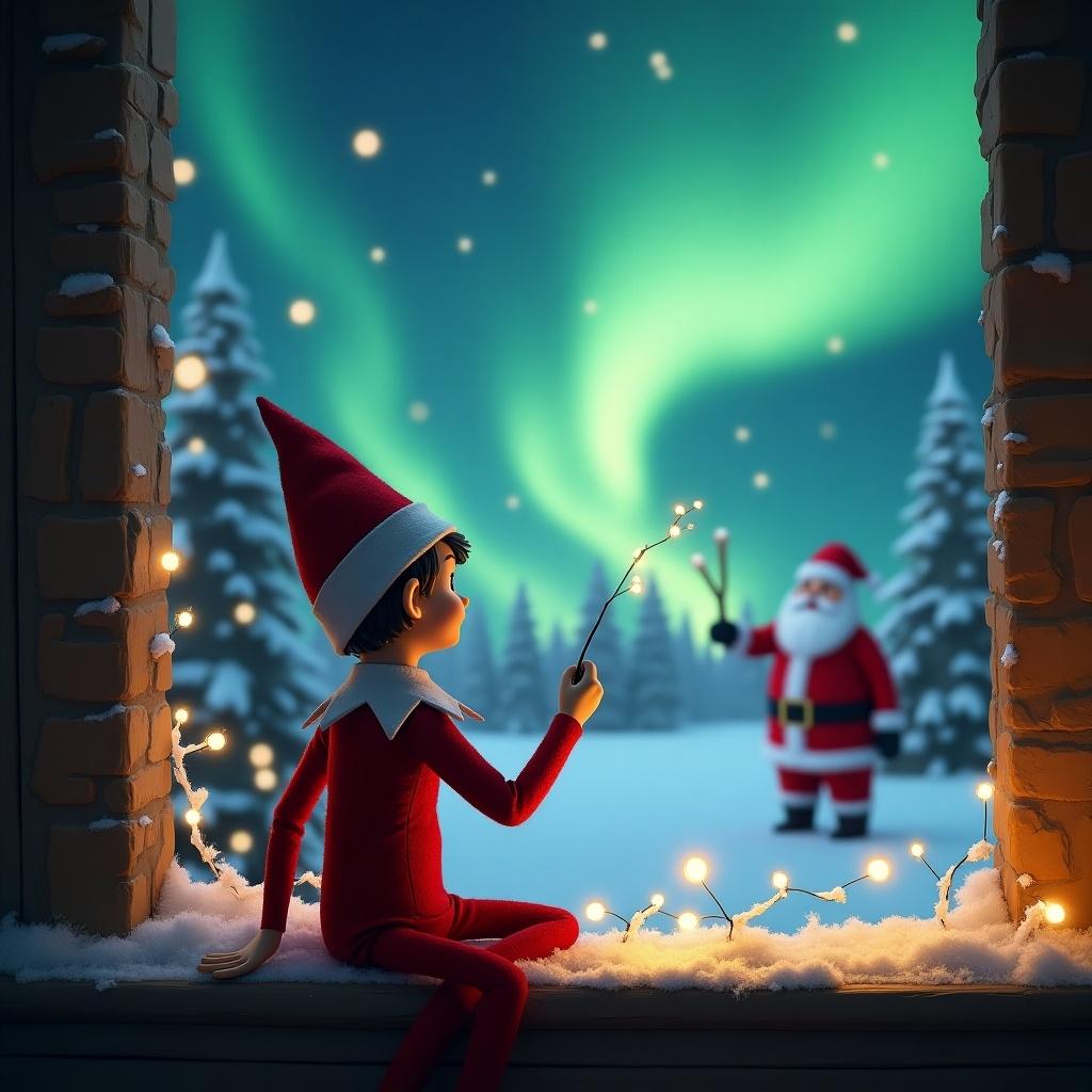 A festive and enchanting scene featuring an elf on the shelf with his back to the viewer. He is sitting on a windowsill, holding a wand and looking up at the sky where he is magically writing 'Rosie and Ronnie, I’m coming back'. The background showcases stunning northern lights glowing in the night sky. Santa Claus is visible in the distance, adding to the magical Christmas atmosphere. The window is adorned with twinkling lights, creating a cozy, warm feeling appropriate for the holiday season. Snow covers the ground outside and evergreen trees frame the magical scene.