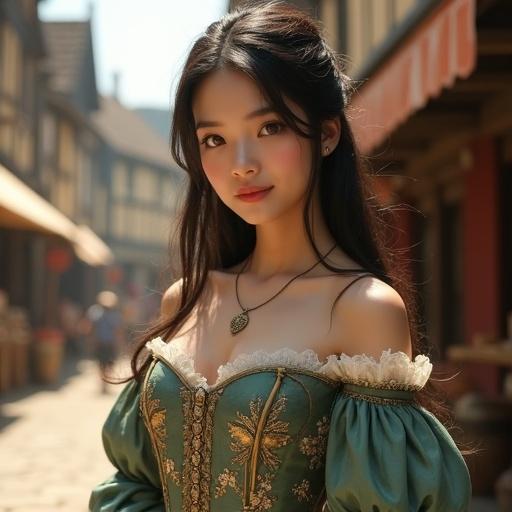 Ultra-realistic portrait of a young medieval townswoman. She has porcelain fair skin with soft pink blush. Her warm brown eyes convey maternal charm. Long dark brown hair with soft waves. She wears a luxurious noble dress with muted jewel tones. The garment features golden floral embroidery. The corset-style bodice is tailored for elegance. Sweetheart neckline enhances the bust line with lace trim. Open-shoulder sleeves provide tasteful glimpses of skin. The setting is a lively medieval English market square.