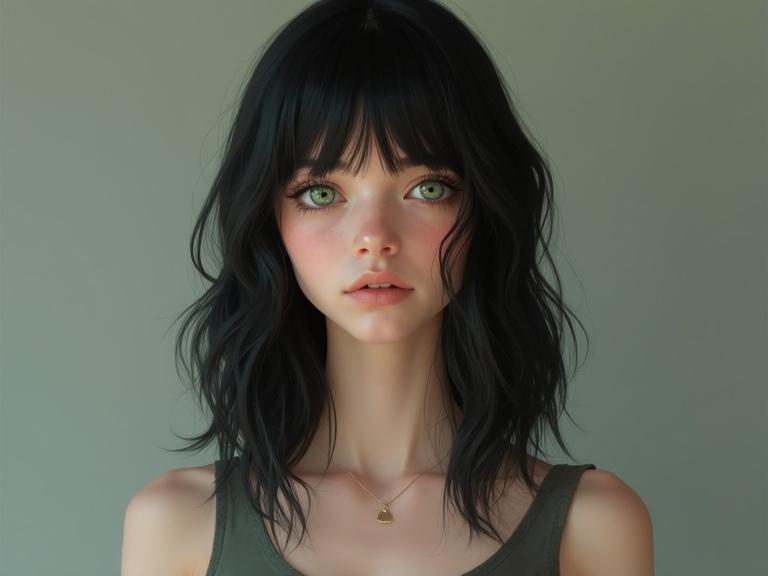 A photorealistic image of a teen. The teen has black hair and green eyes. The skin appears pale. The focus is on the face while capturing all details.