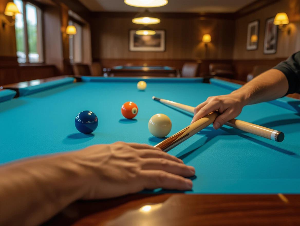 Close-up from chest level shows two human hands holding a pool cue. The aiming is at a cue ball on a blue 8-ball pool table. Proper bridge hand rests on the table. Rear hand grips the stick. No body or face visible. Luxurious modern interior with wooden flooring. Warm lighting in a photorealistic scene. Shallow depth of field creates a cinematic feel.