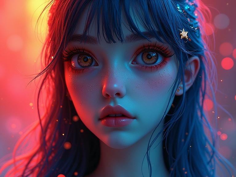 Portrait of a person with colorful and intricate hair. Fantasy concept art style with deep colors. Display detailed matte painting techniques. Background should have vibrant, complementary colors. 3D digital art techniques applied with a whimsical atmosphere. Use high color depth and sharp focus. Attractive composition with focus on artistic flair and creativity.