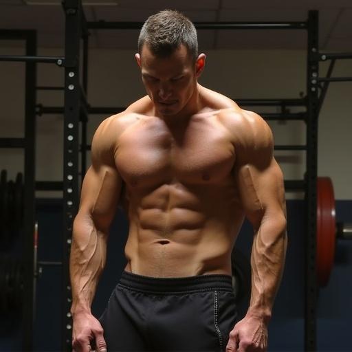 Muscular man in gym looking down with a focused expression. Background features gym equipment. Appears to be in a moment of introspection or humility.