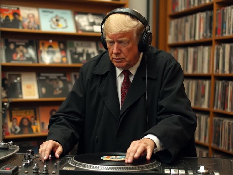 Person mixing vinyl records with headphones in a record store. Surrounding shelves filled with vinyl collections. Professional DJ setup featuring turntables and warm indoor lighting.