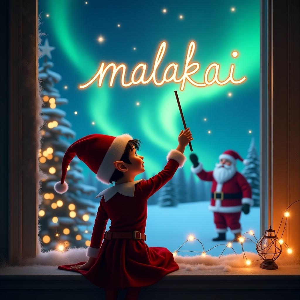 Elf on the shelf with back to the image using a wand to write in the sky. Magical Christmas background with northern lights and Santa. Name 'malakai' elegantly written in the air.