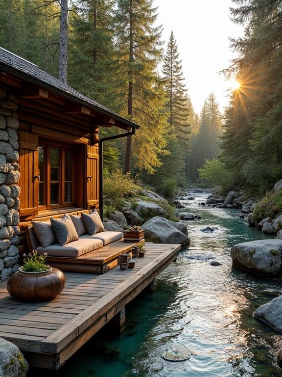 A serene forest cabin retreat beside a clear stream features rustic logs and stone materials. An outdoor lounge area with a wood sofa and decorative pillows creates a cozy setting. The atmosphere is warm and tranquil with tall evergreens and golden sunlight reflecting on the water. Smooth stones and a weathered wooden deck complete the natural beauty.