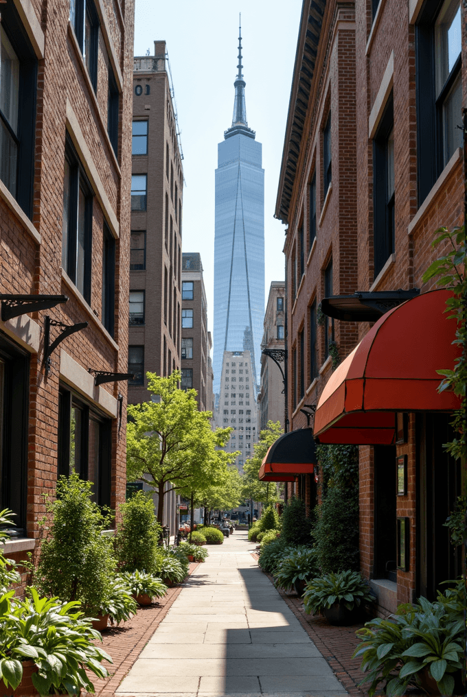 A modern skyscraper towers between historic brick buildings with a narrow pathway lined with plants and trees.