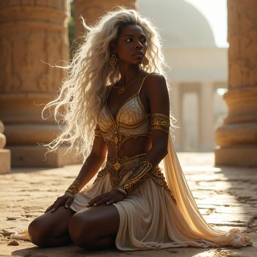 A black female warrior goddess with deep brown skin and silver-white hair. She poses elegantly and sensually, kneeling with one leg raised and body slightly twisted. Her expression shows strength and intelligence. She wears a flowing gown with golden and bronze armor elements. A faint glowing silhouette of wings appears behind her, in an ancient temple ruins bathed in soft celestial light. The scene captures fantasy realism and cinematic lighting, inspired by goddesses like Athena, Ishtar, and Oshun.