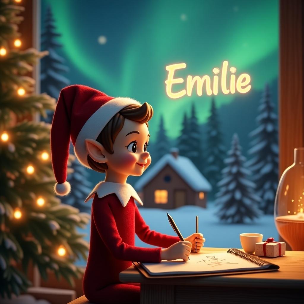 An elf in a red and white outfit writing in a notebook under northern lights. A Christmas tree is in the background. Warm light ambiance. The elf has a happy expression with a pen in hand. Notepad on table shows the name Emilie being inscribed.