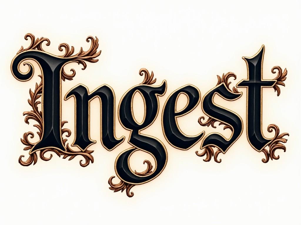 The image features the word 'Ingest' rendered in an ornate, decorative style. It showcases an elegant, classic typography with flourishes and embellishments. The letters are predominantly black with a glossy finish, contrasted against a soft cream background. Surrounding the typography are intricately designed flourishes, adding an artistic flair. This design could be used for various creative purposes, including branding and packaging.