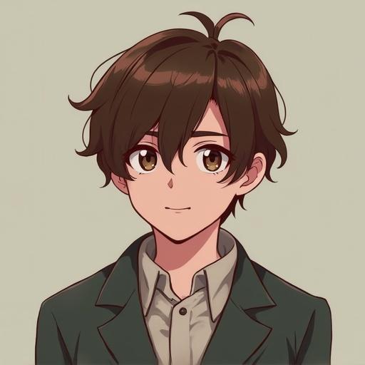 Anime-style portrait of a young boy with brown hair. He has a gentle smile. Wearing a green shirt under a black jacket. Background is a soft beige.