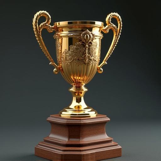 Design a golden trophy labeled Master of Overthinking. The trophy has ornate details and stands on a wooden base.