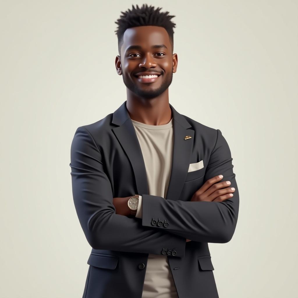 AI avatar of a twenty-year-old Nigerian man wearing a one-color t-shirt and a suit. He stands with arms crossed, showcasing a nice hairstyle. The background is neutral.