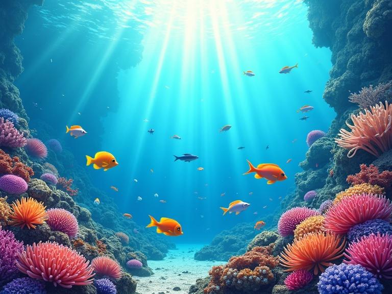 Illustration of vibrant coral reef capturing diverse marine life. Bright tropical fish move playfully among vivid corals and sea anemones. Sunlight pierces through clear water highlighting textures and layers. Scene embodies dynamic motion and vibrant colors in underwater paradise.