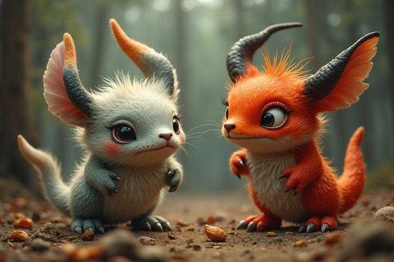Fabulous creatures are cute and nice yet have a little scary demeanor. They are in a forest environment, depicted in a playful interaction with one another, highlighting their whimsical features.