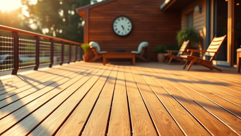 This image captures a beautifully arranged outdoor wooden patio bathed in warm sunlight. The focus is on the smooth wooden decking that leads to a cozy seating area accented by large potted plants. The backdrop of the scene is a wooden house with a large clock, contributing to the relaxed, timeless atmosphere.