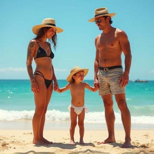 Candid scene with three adults and a child at the beach. They are standing on sandy shore. Casual, relaxed posture. Sun hats and beach attire show summer vibes. Tattoos visible. Playful interaction among family members.