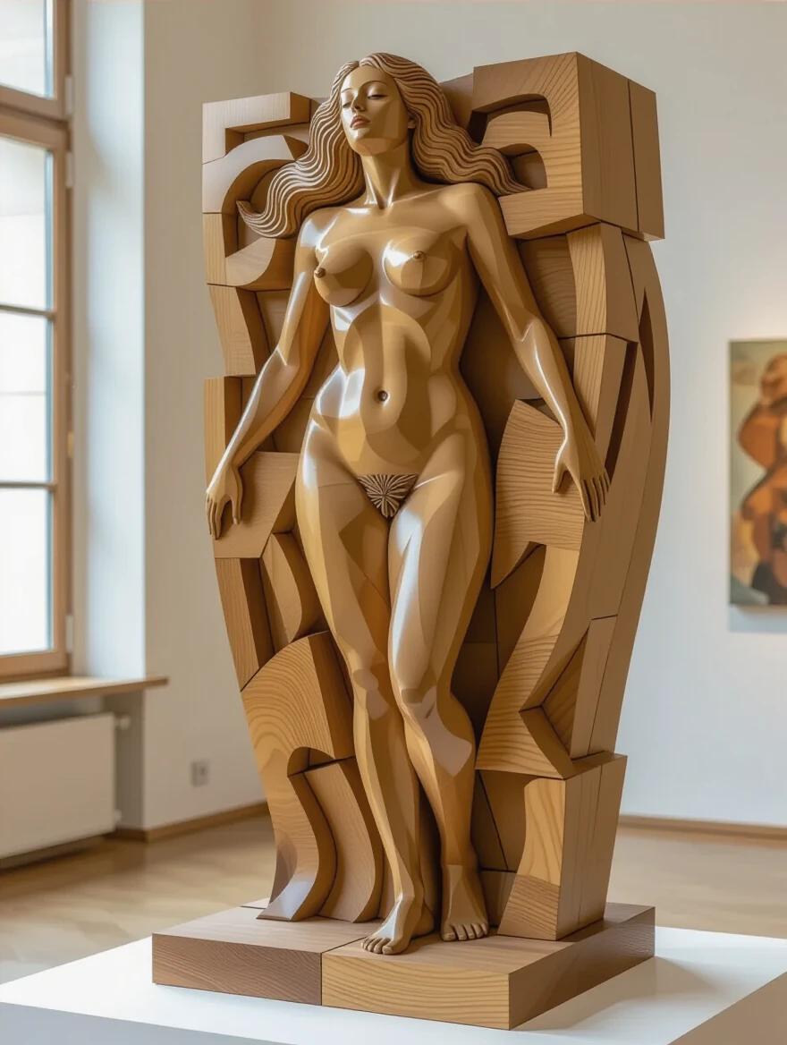 Sculpture entirely made of wood depicting a female figure. The art piece stands in a museum setting. The wooden figure has an abstract design with various geometric angles. Natural light enhances the sculpture's wooden textures. Surrounding environment includes soft wooden elements and a peaceful ambiance.