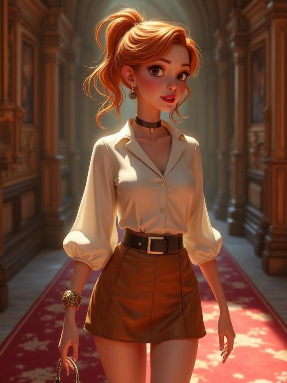 3D fantasy illustration of a ginger thief in a medieval mansion corridor. Character wears a transparent blouse and a tight tan leather miniskirt. The setting includes a red carpet and detailed background. Features include freckles, full lips, and messy ponytail.