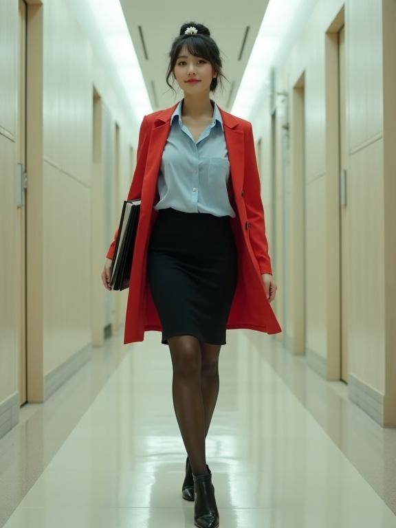 Full-body image of a young East Asian female agent. She walks gracefully in her agency building. She wears a light-blue blouse and a black knee-length skirt with a cherry-red cardigan. Black pantyhose and closed-toe heels add elegance. Hair is neatly bunned with a white flower clip. She carries intel files. The ambiance is modern and dim with off-white walls.