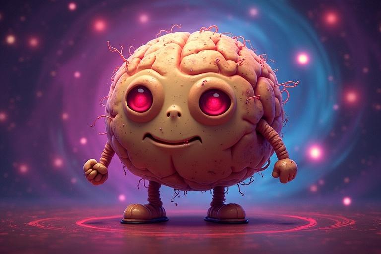 Imaginary creature with a potato head and red eyes, smiling in a surreal background that swirls like the universe. Colors include strange pink, purple, and blue tones with a bright glow.