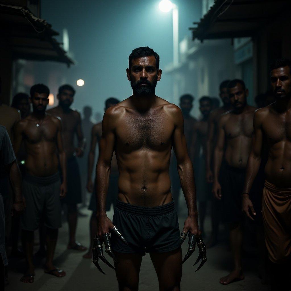 Man stands in Karachi slums at night. He wears only shorts and has iron claws on his hands. Crowded scene with fearful onlookers. Dark and atmospheric. Dramatic lighting enhances tension.