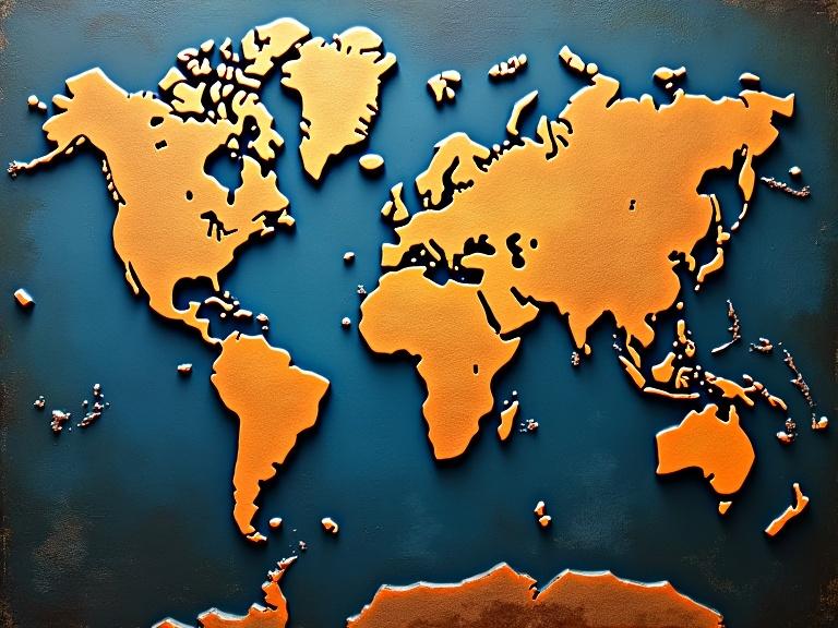 Ancient world map design with glowing binary coordinates. Multi-layered textural elements such as newspaper and jute. Mixed media approach includes scratches and glittering confetti. Beautifully rich colors. Depth and surface texture showcased.