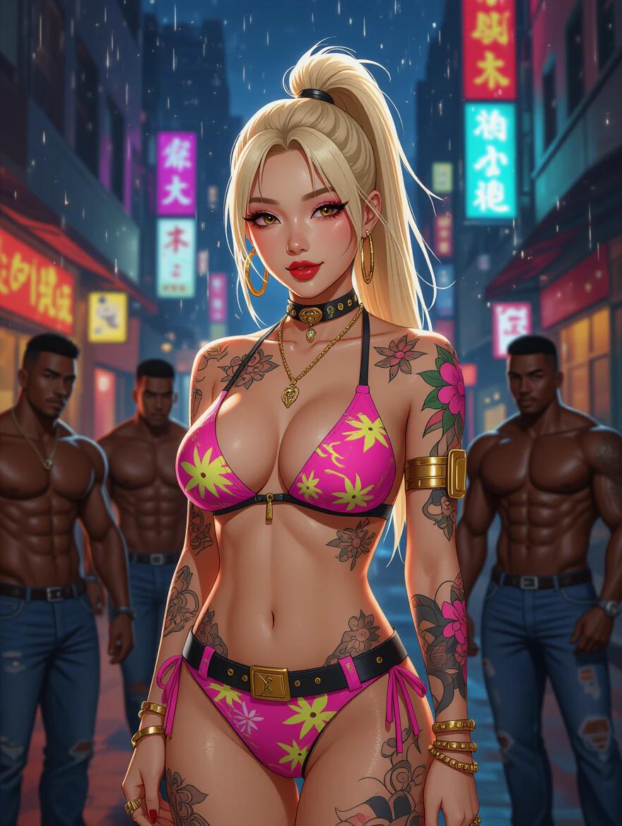 A busty Asian model in a bright edgy bikini stands on a narrow night city street. The scene shows warm city lights. The model has bright makeup and wears lots of jewelry and tattoos. A group of muscular black friends pose behind her. The model has a high blonde ponytail and appears excited and in a playful stance. The comic style emphasizes the vibrancy of the image.