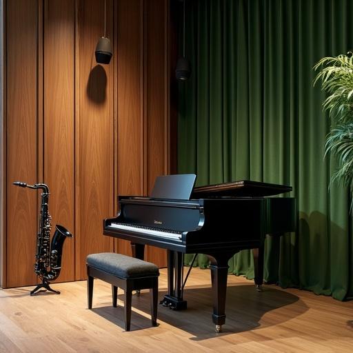 Modern jazz room features a black piano and saxophone. The setting includes a wooden wall and green curtains. The design ambiance is elegant and inviting.