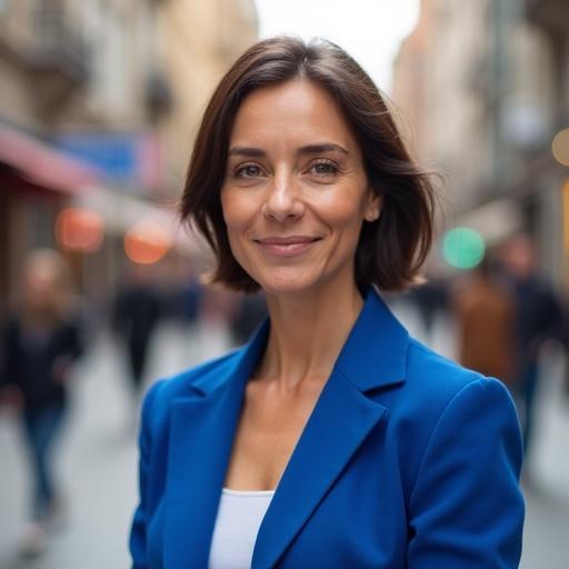 A woman stands in a city street. She has short brown hair. The woman wears a blue blazer. It is busy in the background. Natural lighting is present. The image has sharp details and is photorealistic.