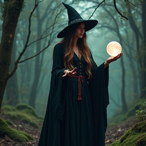 A witch casting a spell in a forest while holding a crystal ball. She wears a black pointed hat and is surrounded by trees and magic runes.