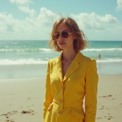 Character on beach wearing yellow suit and sunglasses. Bright sunny day with ocean in background. Woman looking confidently towards the camera.