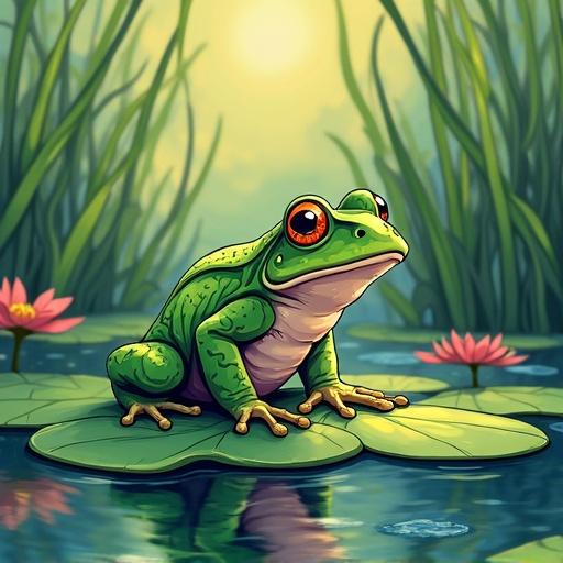 Frog sitting on a lily pad. Colors used are green, red, pink, and blue. No background.