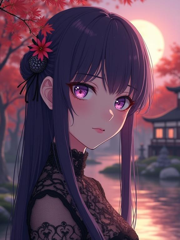 A semi-realistic anime-style portrait of a beautiful adult woman inspired by Hitagi Senjougahara. She has a delicate facial structure and deep violet eyes with reflective light. Long violet hair is styled with a traditional flower hairpin. The woman wears a gothic lace dress. Background features a tranquil Japanese garden with soft golden light, koi pond, and a tea house. Cinematic composition and ultra-detailed visuals.