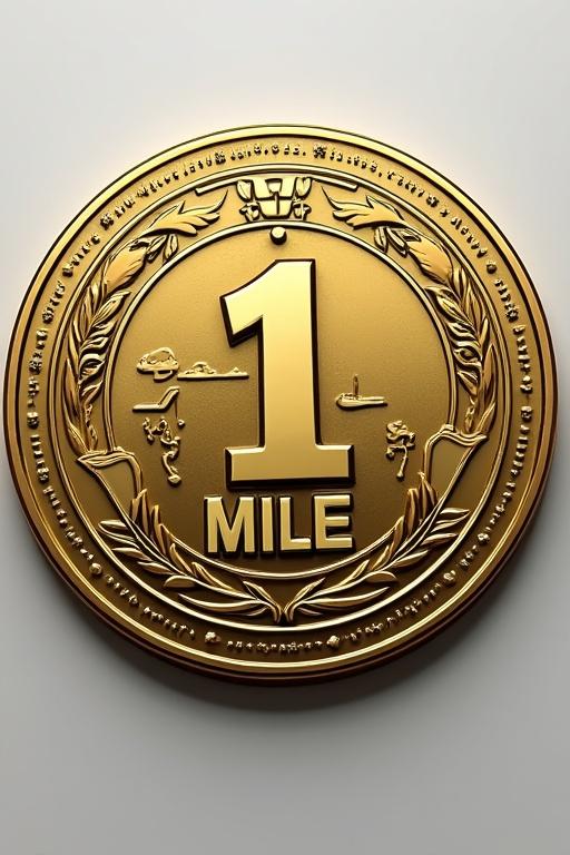 Coin shape features a mile marker sign design. 'MILE 1' indicates a crypto token. The artwork displays a gold finish with embossed details.