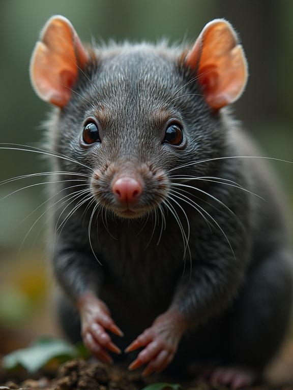 Hyper-realistic portrayal of a mutant rat with unusual features in a natural setting, capturing intricate details of its face and expression.