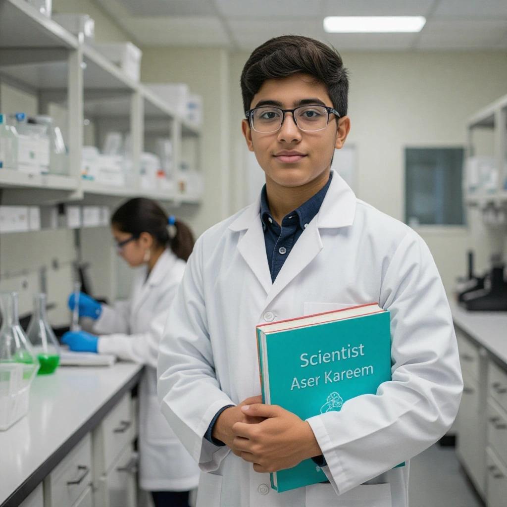 A 12 years old male student wears a white lab coat and holds books. The books are titled 'Scientist Aser Kareem'. A laboratory setting is in the background with lab equipment.