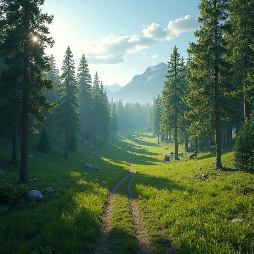 A lush green forest valley with a path leading into the distance, surrounded by towering pine trees and soft sunlight filtering through, with mountains in the background.