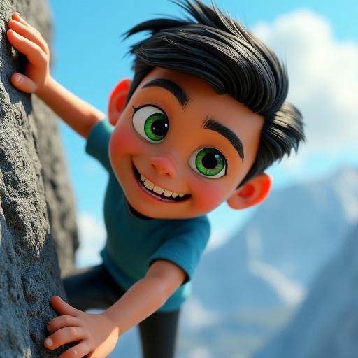 Extreme close-up of hands gripping mountain. Close angle shows climbing effort. Person wears blue shirt and black pants. High drama with wind rush. Focus on determination and struggle.