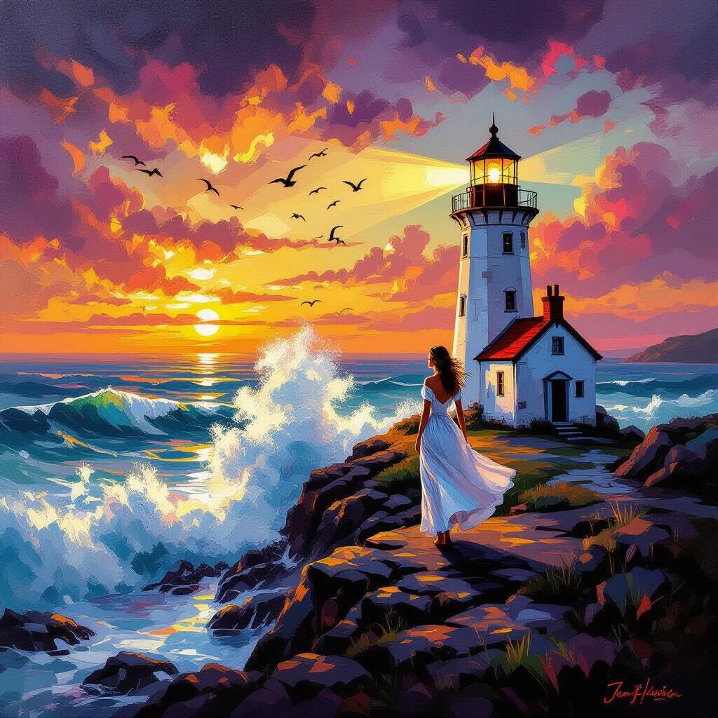 Romantic oil painting of a young woman in a flowing dress standing on coastal cliffs beside a white lighthouse at sunset. Waves crash against jagged rocks below. The sky has vibrant colors like golden yellows and deep oranges. Magenta and purple clouds create reflections on the churning water. Seabirds circle overhead. The lighthouse beam rotates. Wet rocks and spray from crashing waves shine with sunset reflections. Backlighting creates a silhouette against the sky. Impressionistic brushwork captures maritime romance and nature power.